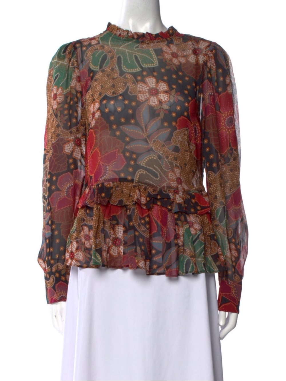 FARM Rio Allessia Top- Sheer Floral Ruffle Peplum Blouse - Red, Green, Brown